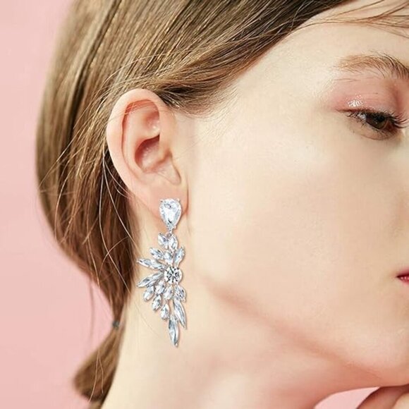 Wedding Bridal Crystal Dangle Earrings for Women Hypoallergenic Statement Jewelr - Picture 2 of 6